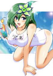 Rule 34 | 1990s (style), 1girl, ass, bent over, blue eyes, blush, breasts, female focus, final fantasy, final fantasy iv, green hair, huge breasts, large breasts, aged up, one-piece swimsuit, rydia (ff4), school swimsuit, short hair, solo, swimsuit, white school swimsuit, white one-piece swimsuit, yasakani an