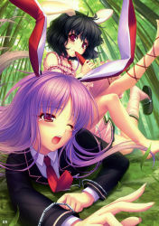 Rule 34 | 2girls, absurdres, animal ears, ankle lace-up, bamboo, bamboo forest, barefoot, black hair, carrot, cross-laced footwear, female focus, forest, highres, inaba tewi, legs, long hair, mole, mole under mouth, multiple girls, nature, necktie, open mouth, purple hair, rabbit ears, red eyes, red necktie, reisen udongein inaba, sayori (neko works), shoe dangle, short hair, touhou, wavy hair