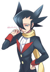 Rule 34 | 1boy, aqua eyes, artist name, black hair, black jacket, buttons, commentary request, creatures (company), game freak, grimsley (pokemon), hand on own hip, hand up, jacket, male focus, momoji (lobolobo2010), nintendo, parted lips, pokemon, pokemon bw, scarf, shirt, smile, solo, upper body, watermark, white background, white shirt, yellow scarf