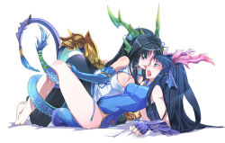 Rule 34 | 2girls, absurdres, black hair, blue eyes, breasts, ceda (dace), china dress, chinese clothes, dragon girl, dragon horns, dragon tail, dress, dual persona, fins, head fins, highres, horns, jpeg artifacts, karin (p&amp;d), large breasts, long hair, lying, lying on person, medium breasts, multiple girls, on back, open mouth, pantyhose, puzzle &amp; dragons, selfcest, tail, yuri