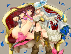 Rule 34 | 10s, 2girls, ass, bad id, bad pixiv id, blue eyes, blue flower, blue rose, boots, bouquet, breasts, brown hair, cleavage, cowboy boots, cowboy hat, crossed legs, dress, earrings, elbow gloves, flower, gloves, gun, handgun, hat, ichinose shiki, idolmaster, idolmaster cinderella girls, jewelry, kumasawa (dkdkr), long hair, looking at viewer, multiple girls, open mouth, petals, revolver, ribbon, rose, silver hair, sitting, smile, takamine noa, thighs, weapon