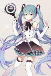 Rule 34 | !, !!, 1girl, 39, :d, aqua eyes, aqua hair, bare shoulders, bow, bowtie, breasts, buttons, closed mouth, commentary, commentary request, detached sleeves, double-breasted, dress, frilled dress, frills, gem, grey background, hair between eyes, hair ornament, hatsune miku, highres, holding, holding microphone, long hair, looking at viewer, magical mirai miku, magical mirai miku (2017), microphone, musical note, open mouth, plaid, plaid bow, simple background, smile, solo, striped clothes, striped thighhighs, sulfur (1453rk), thighhighs, twintails, very long hair, vocaloid, white sleeves, white thighhighs