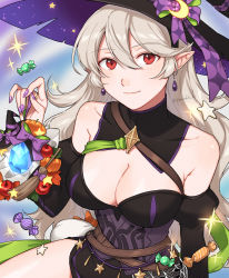 Rule 34 | 1girl, bare shoulders, belt, black dress, black hat, breasts, brown belt, candy, cleavage, closed mouth, collarbone, commentary, corrin (female) (fire emblem), corrin (fire emblem), crossed belts, detached collar, detached sleeves, dragonstone, dress, earrings, english commentary, fingernails, fire emblem, fire emblem fates, fire emblem heroes, food, grey hair, hair between eyes, halloween, halloween costume, hat, highres, jewelry, large breasts, long hair, looking at viewer, nail polish, nintendo, official alternate costume, peach11 01, pointy ears, purple nails, red eyes, smile, solo, twitter username, wavy hair, witch hat