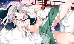 Rule 34 | 1girl, blue eyes, blush, bow, bow panties, breasts, cherry blossoms, flower, futon, ghost, hair flower, hair ornament, hair ribbon, hairband, hekiten, highres, konpaku youmu, looking at viewer, lying, navel, nipples, open clothes, open mouth, open shirt, panties, paw pose, petals, pillow, puffy sleeves, revision, ribbon, shirt, short hair, silver hair, small breasts, solo, touhou, underwear, white legwear