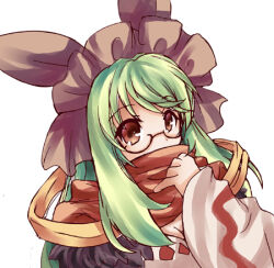 Rule 34 | 1girl, black-framed eyewear, bonnet, breasts, brown eyes, brown headwear, cleavage, commentary request, dress, fur collar, glasses, green hair, long hair, looking at viewer, lowres, medium breasts, momozakura nanao, official alternate costume, ragnarok online, red scarf, scarf, scarf over mouth, simple background, solo, sorcerer (ragnarok online), upper body, white background, white dress, wide sleeves