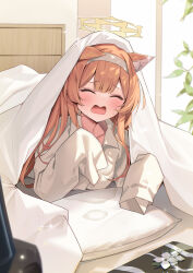 Rule 34 | 1girl, absurdres, animal ears, blue archive, blush, closed eyes, fox ears, halo, headband, highres, indoors, lying, mari (blue archive), muo (muojjang 0929), on bed, on stomach, open mouth, orange hair, oversized clothes, oversized shirt, shirt, sleeves past fingers, sleeves past wrists, solo, under covers, white hair, white headband