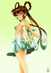 Rule 34 | 1girl, backless outfit, blush, braid, breasts, brown hair, closed mouth, floating hair, from side, gradient background, green background, green eyes, green skirt, long hair, mamono hunter youko, mano youko, medium breasts, miniskirt, sideboob, skirt, solo, standing, tomo5656ky, very long hair, white background