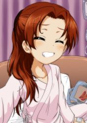 Rule 34 | 1girl, alternate hairstyle, bed, brown eyes, brown hair, commentary, facing viewer, girls und panzer, grin, hospital bed, indoors, intravenous drip, kadotani anzu, key (gaigaigai123), long hair, long sleeves, nishizumi miho, on bed, pants, parted bangs, pink pants, pink shirt, ponytail, selfie, shirt, sitting, smile, solo, sweatdrop