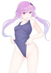 Rule 34 | 1girl, bare shoulders, blush, breasts, cameltoe, collarbone, commentary request, covered erect nipples, frontal wedgie, gluteal fold, hair ornament, highres, long hair, looking at viewer, medium breasts, mikoma sanagi, one-piece swimsuit, partially visible vulva, purple eyes, purple hair, school swimsuit, short hair with long locks, simple background, smile, solo, standing, swimsuit, twintails, voiceroid, wedgie, white background, yuzuki yukari