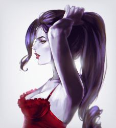 Rule 34 | 1girl, absurdres, adjusting hair, arm up, armpits, bad id, bad twitter id, breasts, bustier, cleavage, colored skin, commentary, hand in own hair, high ponytail, highres, lingerie, looking to the side, nvalkyrja, overwatch, overwatch 1, ponytail, profile, purple skin, red lips, solo, tying hair, underwear, widowmaker (overwatch), yellow eyes