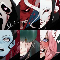 Rule 34 | 3boys, 3girls, black hair, black sclera, blood, blood on face, blue eyes, blue skin, braces, colored sclera, colored skin, commentary, dead by daylight, earrings, english commentary, ghostface, glowing, glowing eye, green hair, heart, heart in eye, highres, jewelry, kitty keihara, mask, multiple boys, multiple girls, open mouth, pink hair, red eyes, red skin, smile, sparkle, susie (dead by daylight), symbol in eye, the huntress (dead by daylight), the legion (dead by daylight), the oni (dead by daylight), the spirit (dead by daylight), the trickster (dead by daylight)