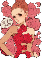 Rule 34 | 1girl, ballroom e youkoso, bare shoulders, dress, earrings, flower, formal, hiyama chinatsu, jewelry, lips, makeup, red eyes, red hair, see-through, solo, team crk, text focus