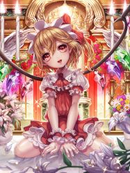 Rule 34 | 1girl, barefoot, blonde hair, bow, box (hotpppink), candle, candlestand, daisy, dress, flandre scarlet, flower, frilled skirt, frills, hair bow, highres, lily (flower), looking at viewer, miniskirt, open mouth, red dress, red eyes, rose, sitting, skirt, solo, spread legs, touhou, vase, wings, wrist cuffs