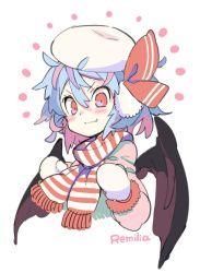 Rule 34 | 1girl, bat wings, blue hair, blush, character name, fang, fang out, hat, hat ribbon, looking at viewer, mittens, mob cap, morino hon, red ribbon, remilia scarlet, ribbon, scarf, smile, solo, striped clothes, striped scarf, touhou, upper body, wings