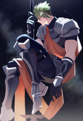 Rule 34 | 1boy, absurdres, achilles (fate), armor, belt, black pants, black shirt, closed eyes, fate/apocrypha, fate (series), from side, gauntlets, green hair, haruakira, highres, holding, holding polearm, holding weapon, male focus, mature male, armored boots, orange sash, pants, polearm, shirt, short hair, short sleeves, shoulder armor, solo, star (sky), star trail, thigh belt, thigh strap, undercut, weapon