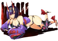 Rule 34 | 1girl, :d, absurdres, agetama, bare shoulders, barefoot, black hair, breasts, cleavage, collarbone, eyeliner, fangs, fate/grand order, fate (series), hair ornament, highres, horns, japanese clothes, kimono, looking at viewer, makeup, navel, oni, open mouth, purple eyes, revealing clothes, short hair, shuten douji (fate), smile, solo, thighhighs