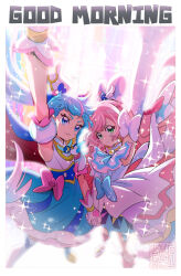 Rule 34 | 2girls, arm up, artist logo, ascot, backlighting, blue bow, blue cape, blue dress, blue eyes, blue footwear, blue hair, boots, bow, braid, brooch, cape, closed mouth, cure prism, cure sky, detached sleeves, dress, dress bow, earrings, elbow gloves, english text, fingerless gloves, foreshortening, french braid, frilled dress, frills, frown, gloves, good morning, gradient hair, green eyes, hair bow, highres, hirogaru sky! precure, holding hands, jewelry, kamikita futago, layered dress, light particles, long hair, magical girl, multicolored hair, multiple girls, nijigaoka mashiro, pink bow, pink hair, precure, puffy detached sleeves, puffy sleeves, red cape, short dress, sleeveless, sleeveless dress, sora harewataru, sparkle, streaked hair, thighhighs, twintails, two-sided cape, two-sided fabric, two-tone dress, two-tone hair, very long hair, white ascot, white bow, white dress, white footwear, white gloves, white thighhighs, wing brooch, wing hair ornament
