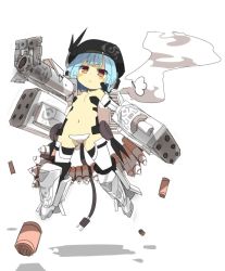 Rule 34 | 1girl, blue hair, cable, casing ejection, female focus, full body, hat, navel, orange eyes, original, rocket launcher, shell casing, shirow (crazy), simple background, smoke, solo, weapon, white background