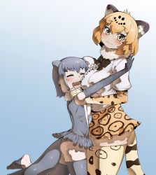 Rule 34 | 10s, 2girls, animal ear fluff, animal ears, bare shoulders, blonde hair, blush, bow, bowtie, breast press, breasts, center frills, commentary request, cowboy shot, elbow gloves, closed eyes, frilled swimsuit, frills, fur collar, gloves, grey hair, height difference, high-waist skirt, highres, hug, jaguar (kemono friends), jaguar ears, jaguar print, jaguar tail, kemono friends, large breasts, multicolored hair, multiple girls, one-piece swimsuit, open mouth, otter ears, otter tail, r-one, short hair, short sleeves, skirt, small-clawed otter (kemono friends), smile, swimsuit, tail, thighhighs, white hair, yellow eyes, zettai ryouiki