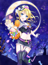 Rule 34 | 10s, 1girl, ayase eli, bat wings, blonde hair, blue eyes, blush, candy, crescent moon, food, garter straps, hair ornament, hair scrunchie, halloween, hat, highres, long hair, love live!, love live! school idol festival, love live! school idol project, mini hat, mini witch hat, moon, open mouth, ponytail, pumpkin, scrunchie, shino (shinderera), sky, smile, solo, star (sky), starry sky, thighhighs, wings, witch hat