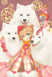 Rule 34 | 1girl, :d, animal, blush, brown background, chinese zodiac, commentary request, dog, dress, fur trim, green eyes, hair between eyes, hair ornament, hand on another&#039;s head, head tilt, kawaku, light brown hair, looking at viewer, open mouth, original, pantyhose, pink dress, print pantyhose, sitting, smile, solo, tongue, tongue out, white pantyhose, year of the dog