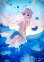 Rule 34 | 1girl, absurdres, bare arms, blue flower, closed mouth, day, dress, field, floating hair, flower, flower field, from side, highres, long hair, looking at viewer, nagi (pickles pipipi), nemophila (flower), original, outdoors, petals, pink ribbon, purple eyes, ribbon, see-through silhouette, shiny skin, signature, sleeveless, sleeveless dress, solo, standing, straight hair, sundress, white dress, white hair