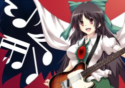 Rule 34 | 1girl, bad id, bad pixiv id, black wings, bow, breasts, cape, electric guitar, guitar, hair bow, instrument, long hair, medium breasts, musical note, open mouth, reiuji utsuho, smile, solo, touhou, wings, yappen, yatsu (sasuraino)