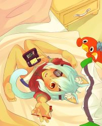 Rule 34 | 1boy, animal ears, barefoot, bed, bird, blue hair, blush, cakesandcarpets, cat boy, cat ears, cat tail, eyepatch, from above, handheld game console, inazuma eleven, inazuma eleven (series), long hair, male focus, nintendo ds, penguin, red eyes, sakuma jirou, smile, solo, stylus, tail