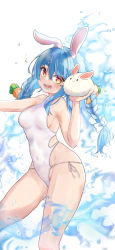 Rule 34 | 1girl, animal ear fluff, animal ears, blue hair, braid, breasts, carrot hair ornament, covered navel, don-chan (usada pekora), dongchuan, food-themed hair ornament, hair between eyes, hair ornament, highleg, highleg swimsuit, highres, hololive, long hair, looking at viewer, medium breasts, multicolored hair, one-piece swimsuit, open mouth, orange eyes, rabbit-shaped pupils, rabbit ears, rabbit girl, revealing clothes, side-tie swimsuit, sideboob, solo, splashing, swimsuit, symbol-shaped pupils, thighs, twin braids, two-tone hair, usada pekora, virtual youtuber, water, wet, wet clothes, white hair