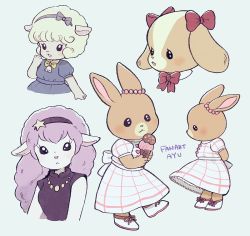 Rule 34 | 4girls, :&lt;, :3, :d, animal ears, ayu (mog), bell, blonde hair, blue dress, blush, bow, bowtie, dog ears, dress, ear bow, ear ornament, food, furry, furry female, hair bow, hairband, holding, holding food, ice cream, long hair, looking at viewer, multiple girls, neck bell, open mouth, original, pink hair, rabbit ears, red bow, sheep ears, signature, smile, white dress, yellow bow, yellow neckwear