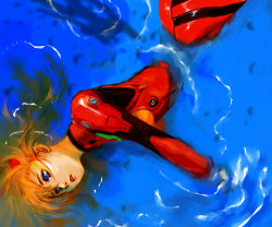 Rule 34 | 1girl, 1ichi, blue eyes, bodysuit, breasts, brown hair, cowboy shot, dutch angle, from above, hair between eyes, hair ornament, hair spread out, lips, long hair, looking to the side, lying, neon genesis evangelion, orange hair, parted lips, partially submerged, pilot suit, plugsuit, ripples, skinny, small breasts, solo, souryuu asuka langley, turtleneck, water