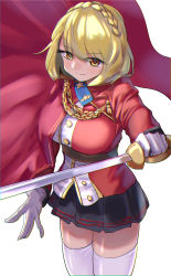 Rule 34 | 1girl, absurdres, aiguillette, azur lane, black skirt, blonde hair, braid, breasts, buttons, chromatic aberration, closed mouth, crown braid, gloves, gunnjou yosio, highres, holding, holding sword, holding weapon, large breasts, long sleeves, looking at viewer, miniskirt, pleated skirt, prince of wales (azur lane), skirt, solo, sword, thighhighs, weapon, white gloves, white thighhighs, yellow eyes, zettai ryouiki