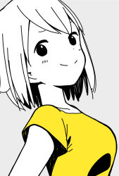 Rule 34 | 1girl, breasts, casual, closed mouth, collarbone, commentary request, dot nose, from side, grey background, greyscale, highres, hitoribocchi no marumaru seikatsu, katsuwo (cr66g), looking at viewer, monochrome, shirt, short hair, short sleeves, simple background, smile, smug, solo, split mouth, spot color, sunao nako, upper body, yellow shirt, yellow theme