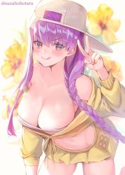 Rule 34 | 1girl, asymmetrical hair, backwards hat, bandeau, bare shoulders, baseball cap, bb (fate), bb (fate) (all), bb (swimsuit mooncancer) (fate), bb (swimsuit mooncancer) (first ascension) (fate), blush, braid, breasts, cleavage, closed mouth, collarbone, cropped jacket, fate/grand order, fate (series), floral background, hand up, hat, hat ornament, jacket, large breasts, leaning forward, licking lips, long hair, long sleeves, looking at viewer, purple eyes, purple hair, single braid, skirt, smile, star (symbol), star hat ornament, suzuho hotaru, thighs, tongue, tongue out, v, very long hair, white background, white headwear, yellow jacket, yellow skirt
