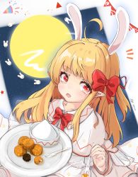 Rule 34 | ahoge, animal ears, artist request, blonde hair, bow, capelet, collarbone, fang, food, fork, hair bow, hat, unworn hat, unworn headwear, highres, holding, knife, lily white, long hair, long sleeves, mid-autumn festival, moon, no headwear, no headwear, open mouth, pointy ears, rabbit ears, red eyes, shirt, skirt, star (sky), star (symbol), touhou, upper body, white capelet, white shirt, white skirt