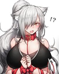 Rule 34 | !?, 1girl, @ @, absurdres, animal ears, arknights, bound, bound wrists, breasts, cat ears, ceylon (arknights), cleavage, collar, female focus, gloves, grey hair, highres, large breasts, leash, long hair, ponytail, pov, pov hands, red collar, red ribbon, ribbon, rikuguma, schwarz (arknights), solo, white gloves, yellow eyes