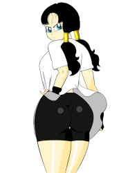 Rule 34 | 1girl, angry, ass, back turned, black hair, blue eyes, chaoschrome, dragon ball, fingerless gloves, gloves, hand on own hip, highres, looking at viewer, shirt, shorts, solo, twintails, videl, white shirt, wide hips