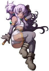 Rule 34 | 1girl, armlet, boots, dark-skinned female, dark skin, earrings, elf, flat chest, gloves, highres, jewelry, lying, midriff, on side, original, panties, pointy ears, purple hair, scared, simple background, solo, sword, tabigarasu, the depths of the dungeon, thighhighs, underwear, weapon, white background