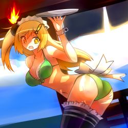 Rule 34 | 1girl, ass, blonde hair, bomb, breasts, cleavage, cosmic break, explosive, hair ornament, highres, large breasts, long hair, monica gold, navel, ponytail, solo, swimsuit, thighhighs, tray, tsiruot, yellow eyes