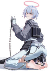 Rule 34 | 1girl, 1other, absurdres, arknights, ass, barefoot, blue hair, breasts, chain, commentary request, doctor (arknights), feet, gloves, grey eyes, grey jacket, grin, halo, highres, holding, jacket, large breasts, looking at viewer, pants, short hair, simple background, sitting, smile, soles, spuria (arknights), thighs, toenails, toes, wariza, white background, white gloves, white pants, zhenpiaoliang