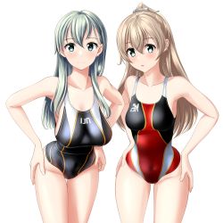 Rule 34 | 2girls, absurdres, black one-piece swimsuit, clothes writing, competition swimsuit, cowboy shot, green eyes, hair ornament, hairclip, hands on own hips, highres, kantai collection, kumano (kancolle), leaning forward, long hair, looking at viewer, multicolored clothes, multicolored swimsuit, multiple girls, one-piece swimsuit, red one-piece swimsuit, silver hair, simple background, suzuya (kancolle), swimsuit, takafumi, umbrella, white background