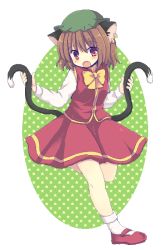 Rule 34 | 1girl, animal ears, bad id, bad pixiv id, blush, bow, bowtie, brown hair, cat ears, cat girl, cat tail, chen, ear piercing, earrings, fang, female focus, full body, hat, jewelry, looking at viewer, mary janes, matsusaka gyuu, multiple tails, oekaki, open mouth, piercing, red eyes, shoes, short hair, solo, standing, standing on one leg, tail, touhou