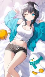 Rule 34 | 1girl, arm up, bed sheet, black hair, black shorts, blue eyes, blue hair, blue jacket, blush, breasts, cleavage, closed mouth, commentary request, dolphin shorts, feathered wings, hand up, head wings, indie virtual youtuber, jacket, kurata rine, kuratarine, long hair, long sleeves, looking at viewer, medium breasts, multicolored hair, one eye closed, open clothes, open jacket, pillow, puffy long sleeves, puffy sleeves, short shorts, shorts, sleeves past wrists, solo, tank top, thigh gap, two-tone hair, virtual youtuber, white tank top, white wings, wings