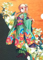 Rule 34 | 1girl, absurdres, asa no ha (pattern), blonde hair, blue eyes, blush, boots, brown footwear, floral print, flower, folding fan, fujimi shobo, full body, furisode, hair flower, hair ornament, hair ribbon, hakama, hakama skirt, hand fan, high heel boots, high heels, highres, japanese clothes, kikumon, kimono, layered clothes, light smile, lily (flower), long skirt, long sleeves, misaki kurehito, obi, official art, paper fan, pleated skirt, print kimono, ribbon, saenai heroine no sodatekata, sash, sawamura spencer eriri, sidelocks, skirt, smile, solo, standing, striped ribbon, twintails, vertical stripes, wide sleeves