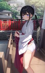 1girl ass black_hair blush closed_mouth clothes_lift commentary_request highres house japanese_clothes kantoku kimono lifting_own_clothes long_hair long_sleeves looking_at_viewer miko original panties ponytail purple_eyes railing red_skirt shrine sidelocks skirt skirt_lift solo standing thighs underwear white_kimono white_panties wide_sleeves wooden_floor wooden_railing