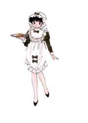 Rule 34 | 1girl, alternate costume, black bow, black hair, bow, brown eyes, closed mouth, dress, enmaided, food, full body, hat, high heels, long sleeves, maid, mob cap, puffy sleeves, ranma 1/2, shoes, short hair, simple background, solo, standing, standing on one leg, takahashi rumiko, tendou akane, white background, white hat