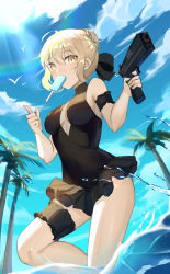 Rule 34 | 1girl, absurdres, ahoge, artoria pendragon (all), artoria pendragon (alter swimsuit rider) (fate), artoria pendragon (alter swimsuit rider) (first ascension) (fate), artoria pendragon (fate), bad id, bad pixiv id, blonde hair, blue sky, breasts, cloud, fate/grand order, fate (series), food, gun, handgun, highres, kyo (maae00), medium breasts, mouth hold, palm tree, pistol, popsicle, saber (fate), saber alter, sky, solo, thigh strap, tree, wading, water, water gun, weapon, yellow eyes