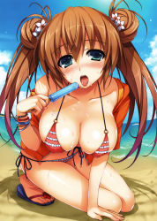 Rule 34 | 1girl, absurdres, bangle, bare shoulders, beach, bikini, blush, bracelet, breasts, brown hair, cleavage, cloud, covered erect nipples, day, double bun, female focus, fisheye, flower, food, frilled bikini, frills, front-tie top, full-face blush, green eyes, hair bun, hair flower, hair ornament, highres, holding, jewelry, kneeling, large breasts, leaning forward, long hair, looking at viewer, off shoulder, open clothes, open mouth, outdoors, popsicle, red bikini, sandals, shiny skin, side-tie bikini bottom, skindentation, sky, solo, swimsuit, tomose shunsaku, tongue, twintails