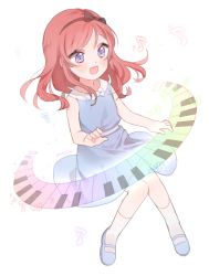 Rule 34 | 10s, 1girl, :d, aged down, artist name, bad id, bad pixiv id, blue dress, blue footwear, dress, hair ribbon, instrument, love live!, love live! school idol festival, love live! school idol project, marin (myuy 3), mary janes, music, musical note, nishikino maki, open mouth, piano keys, playing instrument, purple eyes, quaver, red hair, ribbon, shoes, simple background, smile, socks, solo, white socks