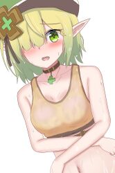 Rule 34 | 1girl, absurdres, aoi (camp) (princess connect!), aoi (princess connect!), bare arms, breasts, brown tank top, clover ornament, collarbone, elf, flustered, four-leaf clover necklace, green eyes, green hair, green hat, hair over one eye, hat, highres, jewelry, navel, necklace, open mouth, orange tank top, pendant choker, pointy ears, princess connect!, ryachika, simple background, solo, tank top, upper body, white background